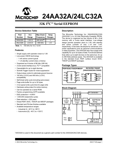 Microchip 24AA32A/24LC32A Serial EEPROM Datasheet - cover page