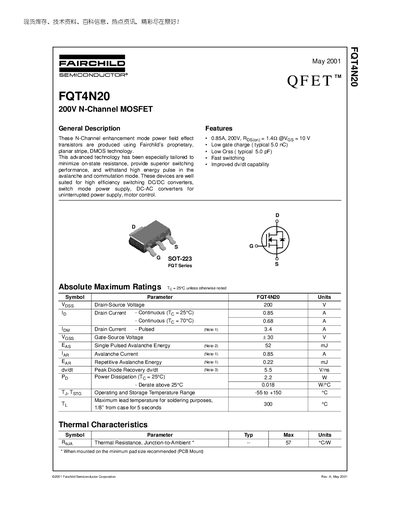 Fairchild FQT4N20 200V N-Channel MOSFET Datasheet - cover page