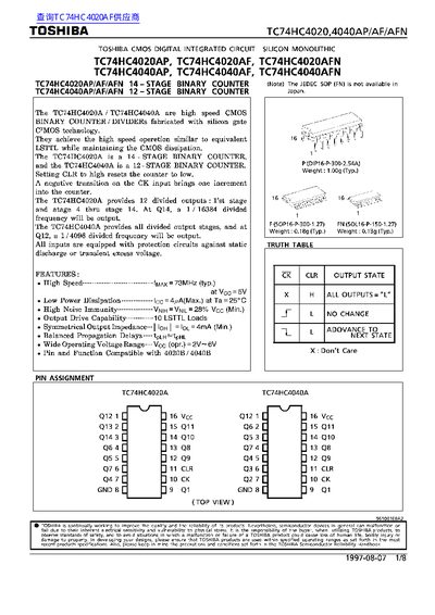 Toshiba TC74HC4020AP Datasheet - cover page
