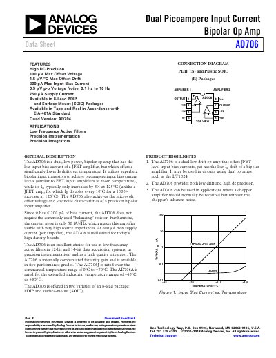Analog Devices AD706 Dual Low Power Bipolar Op Amp Data Sheet - cover page