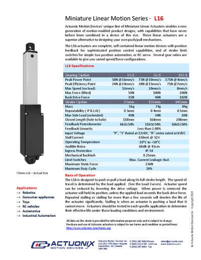 Actuonix L16 Miniature Linear Actuator Product Data Sheet - cover page