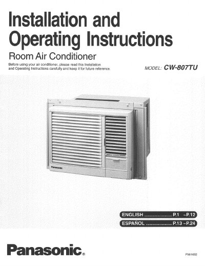 Panasonic CW-807TU Room Air Conditioner Installation and Operating Instructions - cover page