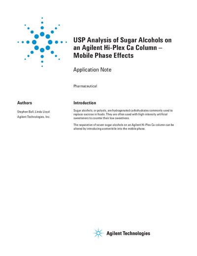 Agilent Hi-Plex Ca Column Sugar Alcohol Analysis Application Note - cover page