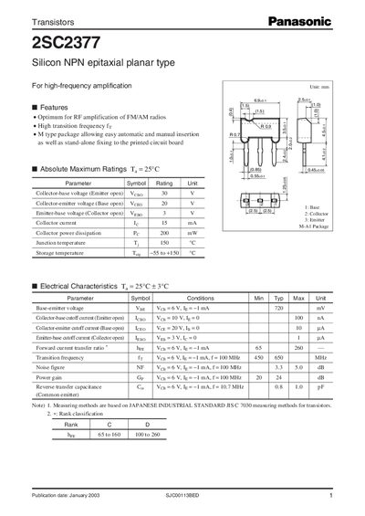 Panasonic 2SC2377 Transistor Datasheet - cover page