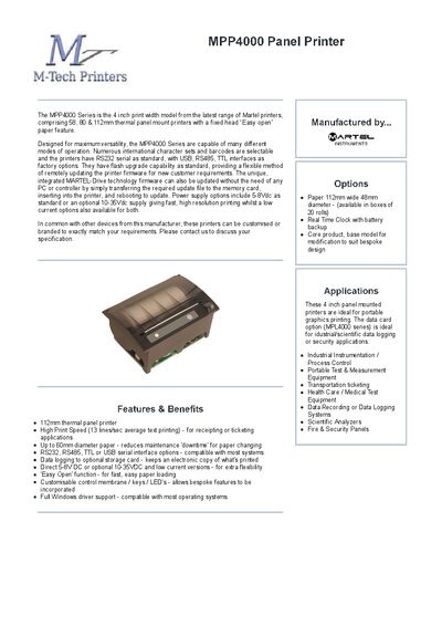 Martel MPP4000 Series Thermal Panel Printer Data Sheet - cover page