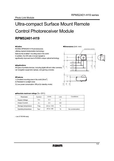 ROHM RPMS2401-H19 Photo Link Module Datasheet - cover page