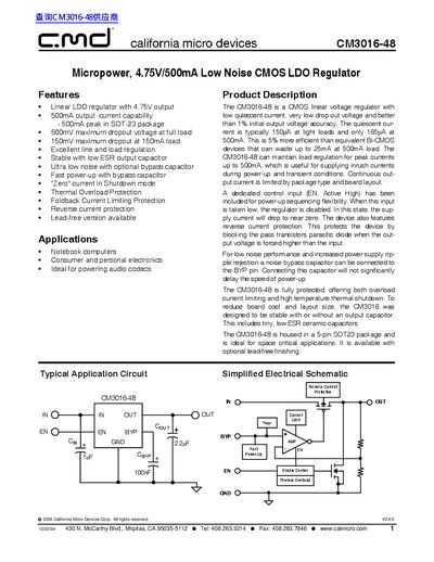 California Micro Devices CM3016-48 LDO Regulator Datasheet - cover page
