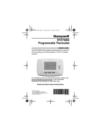 Honeywell RTH7500D Programmable Thermostat User Manual - cover page