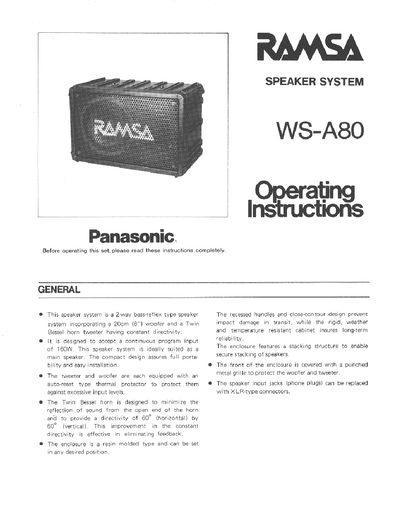 Panasonic WS-A80 Speaker System Instructions - cover page