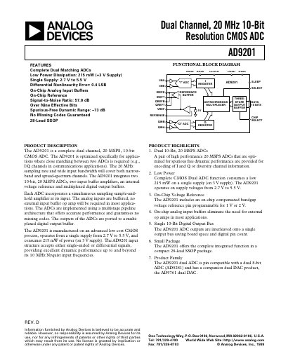Analog Devices AD9201 Datasheet - cover page