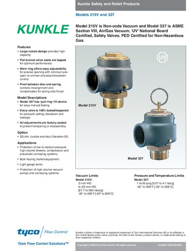 Kunkle 215V and 337 Safety and Relief Valves Product Data Sheet - cover page