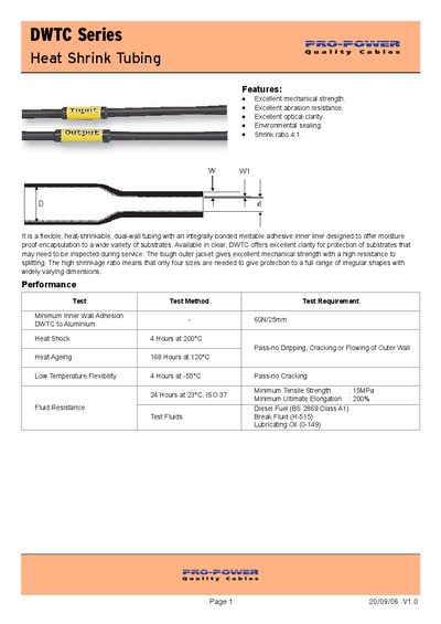 Pro-Power DWTC Series Heat Shrink Tubing Product Data Sheet - cover page