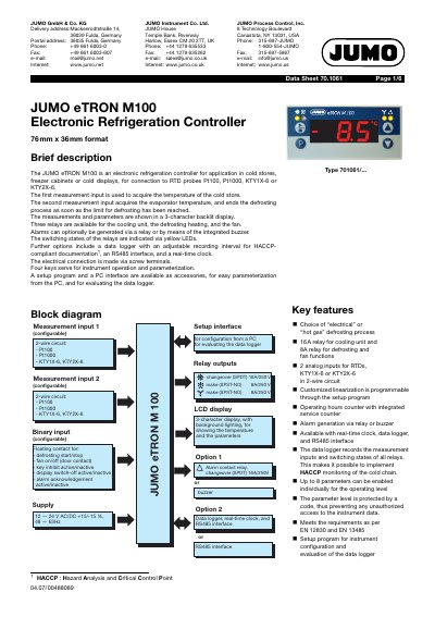 JUMO eTRON M100 Electronic Refrigeration Controller Data Sheet - cover page