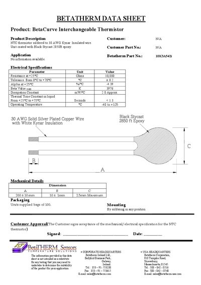 Betatherm BetaCurve Interchangeable Thermistor Datasheet - cover page