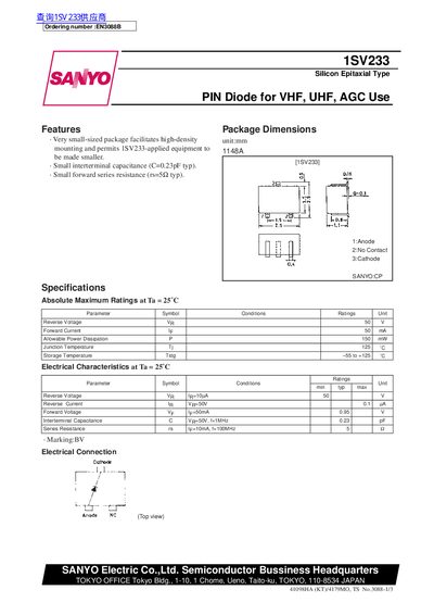 Sanyo 1SV233 Silicon Epitaxial Type PIN Diode Datasheet - cover page