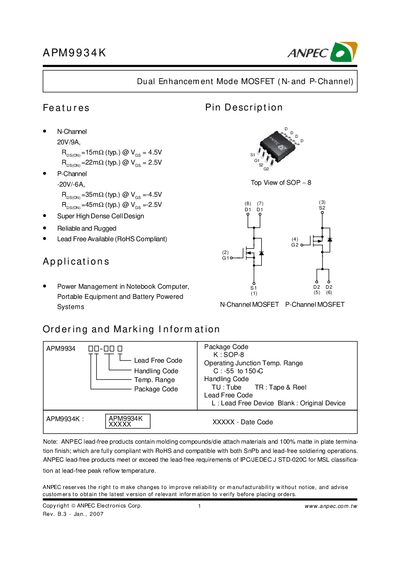 ANPEC APM9934K Dual Enhancement Mode MOSFET Datasheet - cover page