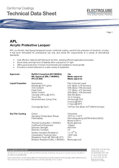 Electrolube APL Acrylic Protective Lacquer Product Data Sheet - cover page