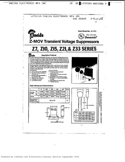 Oneida Z7/Z10/Z15/Z21/Z33 Series Z-MOV Transient Voltage Suppressors Datasheet - cover page
