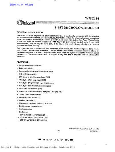 Winbond W78C154 8-bit Microcontroller Handbook - cover page
