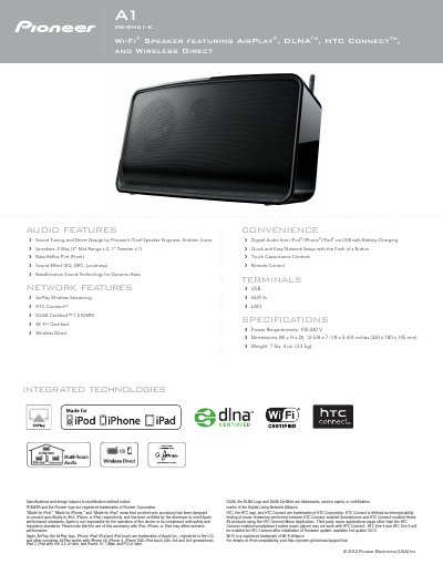 Pioneer A1 XW-SMA1-K Home Speaker Product Leaflet - cover page