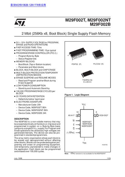 STMicroelectronics M29F002T/M29F002NT/M29F002B Flash Memory Datasheet - cover page