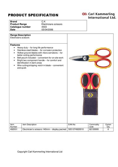 CK Electrician's Scissors 140mm Product Specification - cover page