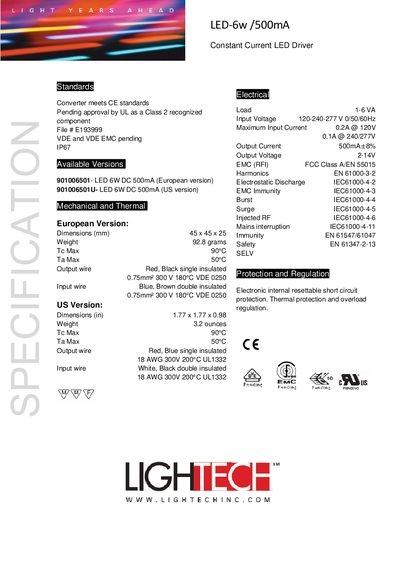 LighTech LED-6W Constant Current LED Driver User Manual - cover page
