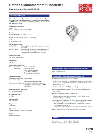 ARMATURENBAU RCh/RChG 40 Tube Spring Manometer Data Sheet - cover page