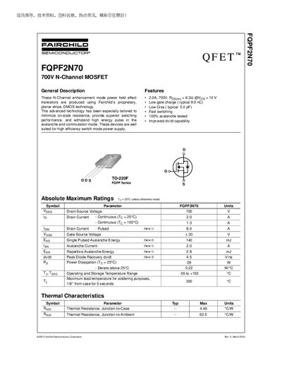 Fairchild FQPF2N70 MOSFET Datasheet - cover page
