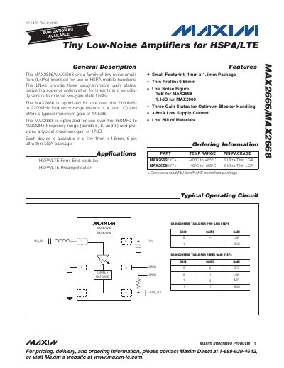 Maxim MAX2666/MAX2668 Low-Noise Amplifier Datasheet - cover page