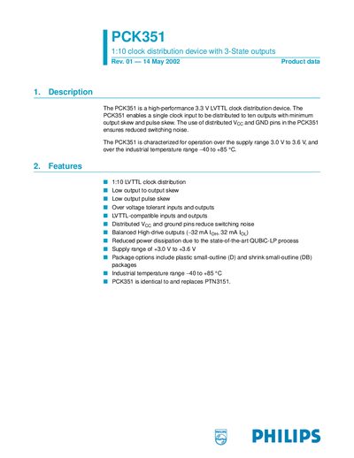 Philips PCK351 Clock Distribution Device Datasheet - cover page
