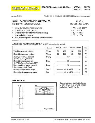SEMTECH RECTIFIER up to 200V 4A 30ns 3PFT05 3PFT1 3PFT15 3PFT2 - cover page