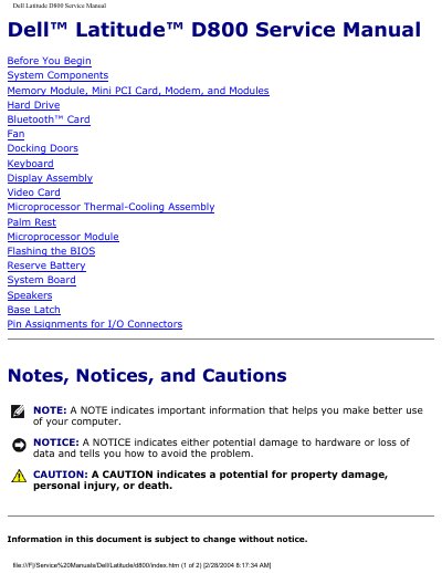 Dell Latitude D800 Service Manual - cover page