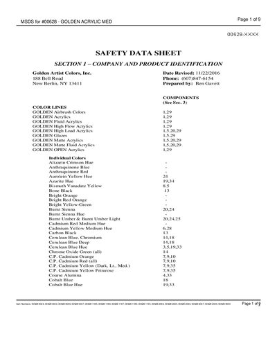 Golden Artist Colors 00628 Safety Data Sheet - cover page