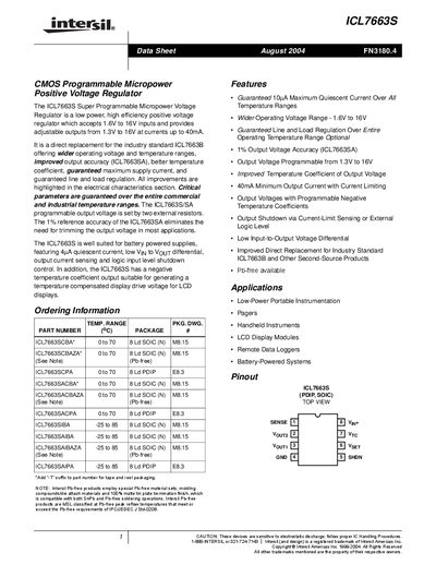 Intersil ICL7663S Datasheet - cover page