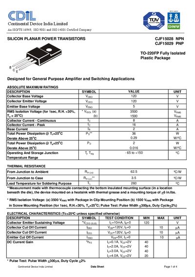 CDIL SILICON PLANAR POWER TRANSISTORS CJF15028 NPN CJF15029 PNP TO-220FP Fully Isolated Plastic Package - cover page