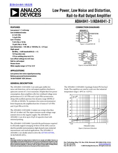 Analog Devices ADA4841-1/ADA4841-2 Low Power Rail-to-Rail Output Amplifier Datasheet