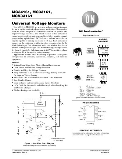 ON Semiconductor MC34161 / MC33161 / NCV33161 Universal Voltage Monitor Datasheet - cover page