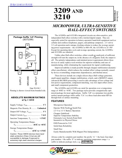 Allegro MicroSystems A3209/A3210 Hall-Effect Switches Datasheet