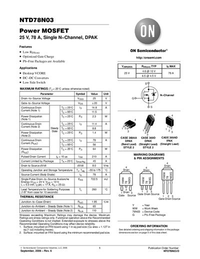 ON Semiconductor NTD78N03 Power MOSFET Datasheet - cover page