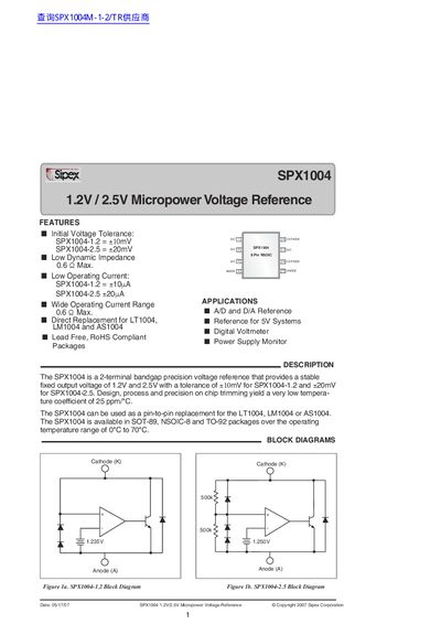 Sipex SPX1004 1.2V/2.5V Micropower Voltage Reference Datasheet