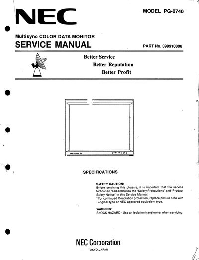 NEC PG-2740 Multisync Color Data Monitor Service Manual - cover page
