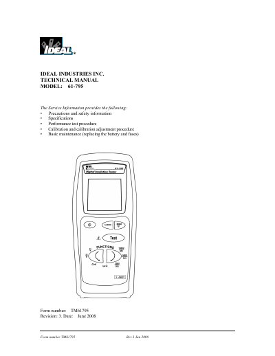 Ideal 61-795 Hand-held Insulation Tester Service Manual - cover page