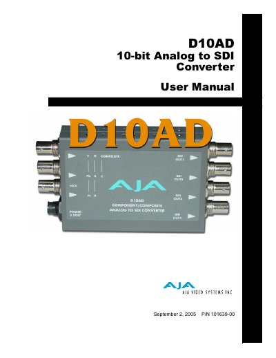 AJA D10AD 10-bit Analog to SDI Converter User Manual - cover page