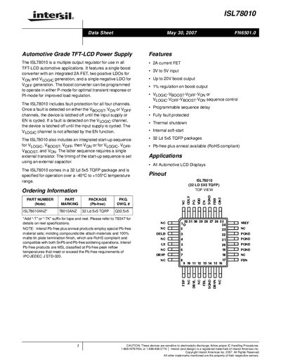 Intersil ISL78010 Datasheet - cover page