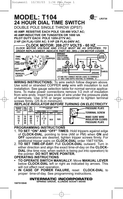 Intermatic T104 24 Hour Dial Time Switch User Manual - cover page
