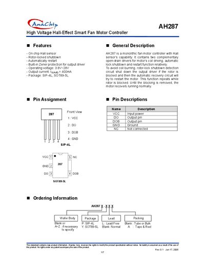 AnaChip AH287 Data Sheet1 - cover page