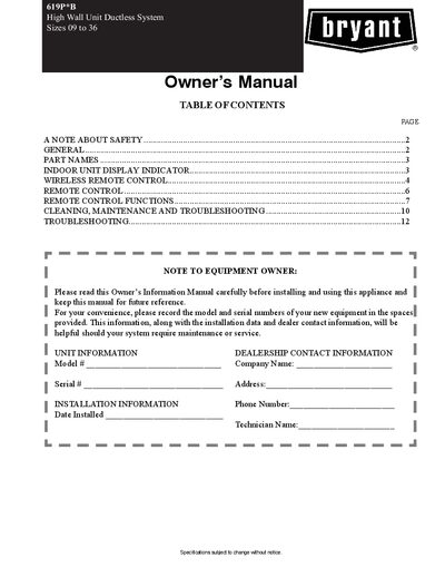 Midea 619P*B High Wall Unit Ductless System User Manual - cover page