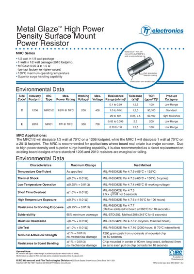 TT Electronics MRC Series Power Resistor Datasheet - cover page