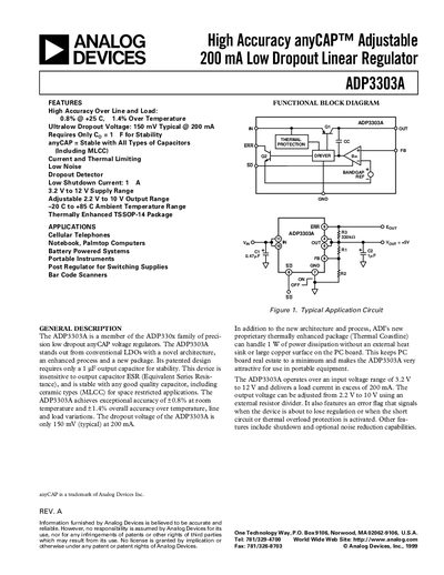 Analog Devices ADP3303A Low Dropout Linear Regulator Datasheet